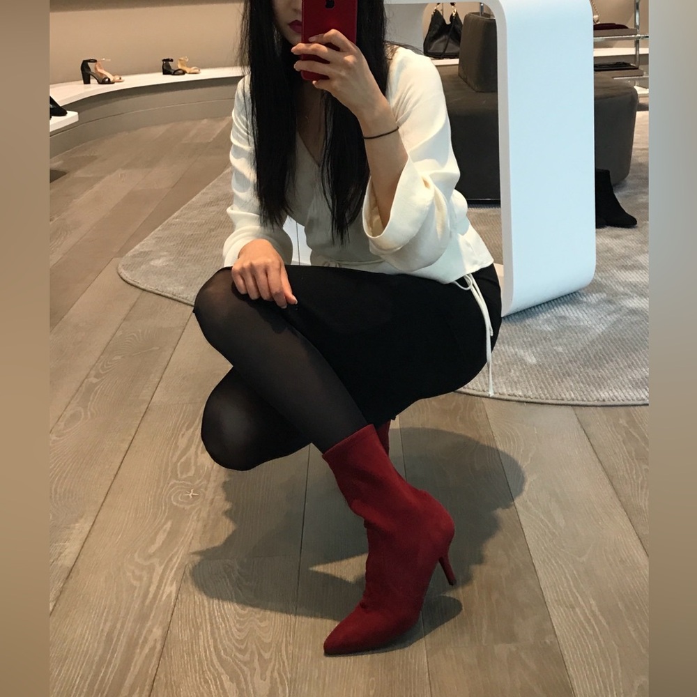 Stuart Weitzman Cling Scarlet Red Cherry Ruby Suede Sock Boots US 8 Eu 38.5